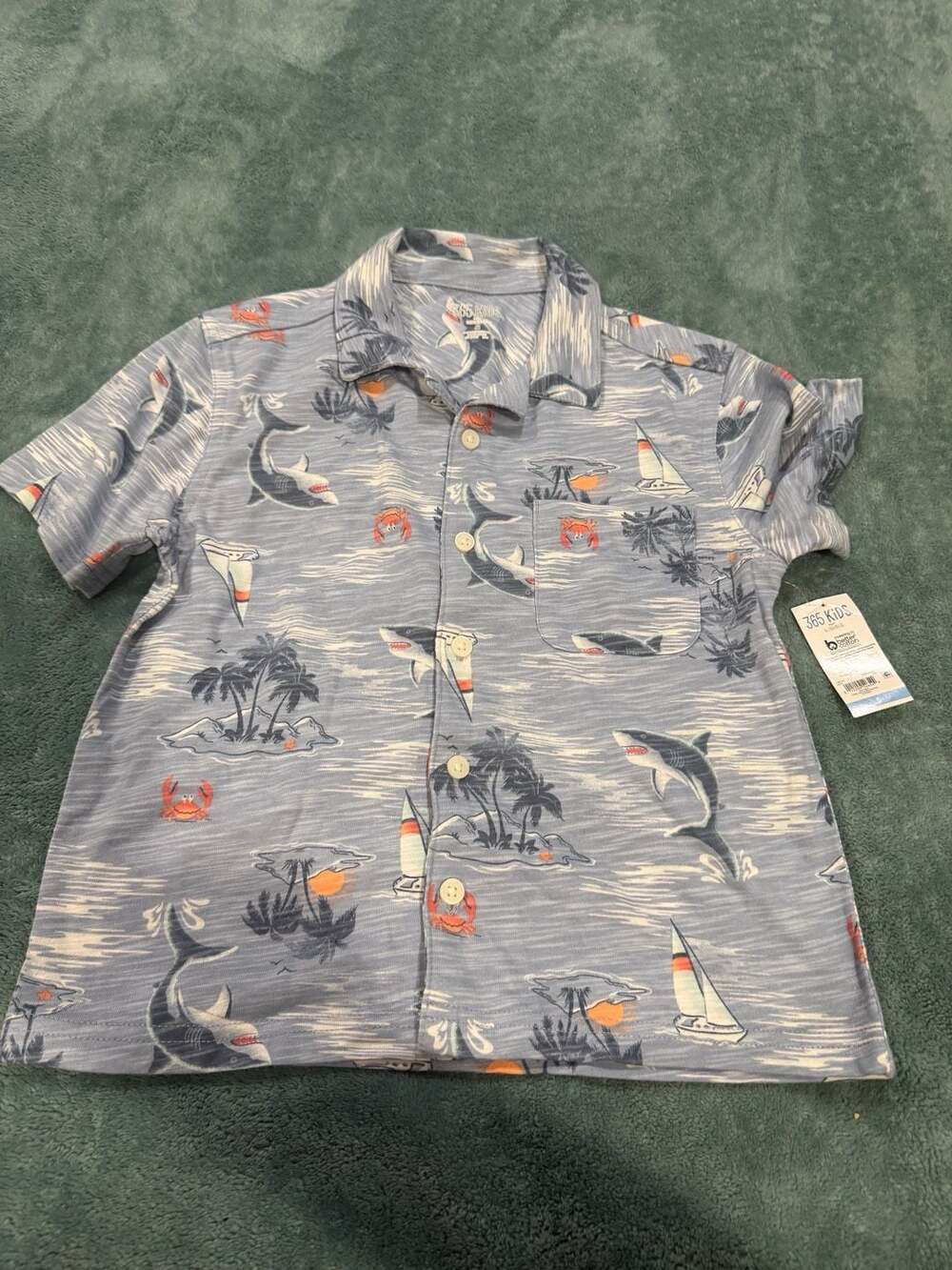 365 Kids from Garanimals SS Tropical Camp Shirt Size 5 Sky Blue Shark Print